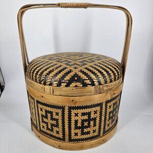 Handwoven Bamboo Basket Wedding Lidded Handle Geometric Black Pattern Storage